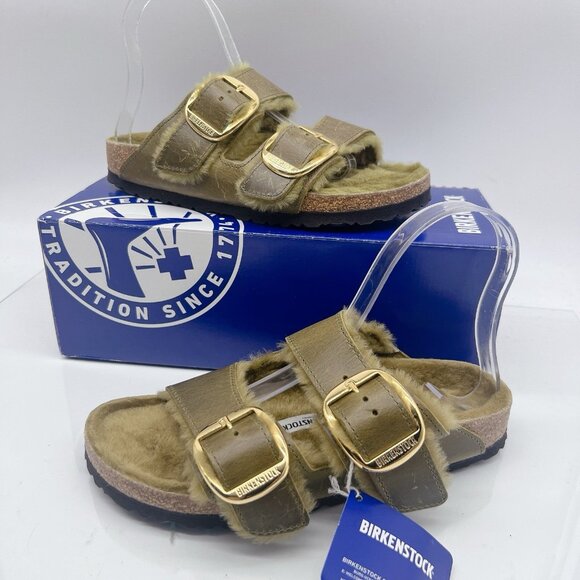 Birkenstock Arizona Big Buckle Shearling Olive Green Sandals Oil Leather EU 40 - Picture 2 of 12